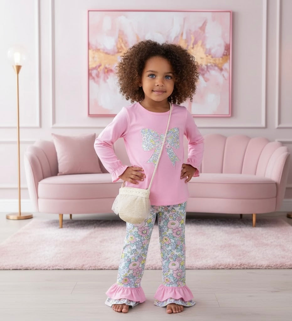 Pink Bow Floral Ruffle Outfit